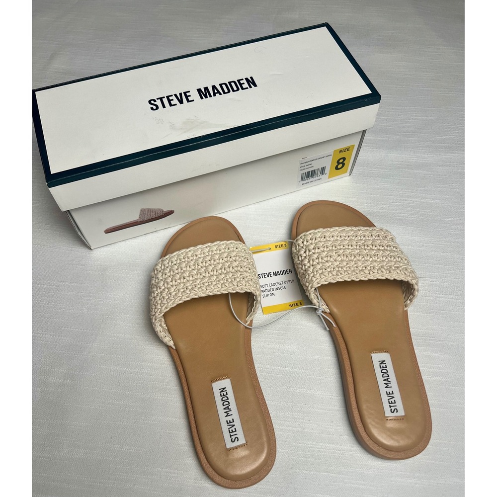 Steve Madden Tannah Crochet Slide Sandals Natural Cream Tan Flat Slip On Women 8 - Picture 2 of 10